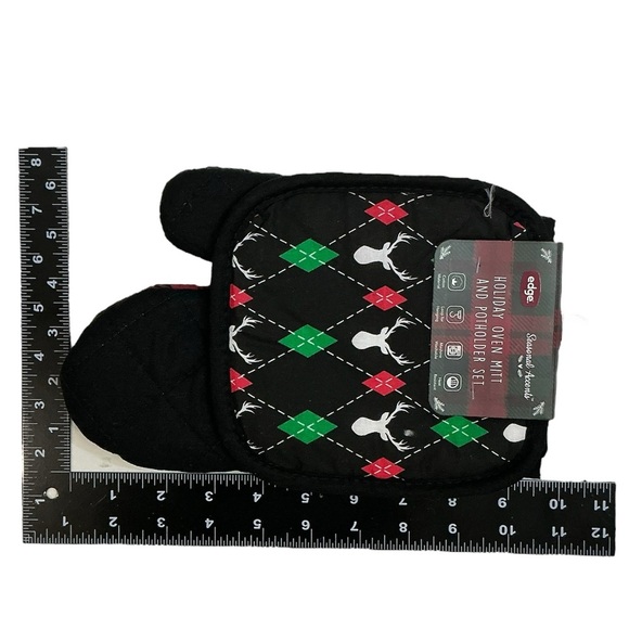 Holiday Deer Argyle Cotton Oven Mitt Potholder Set Christmas Winter Seasonal - Picture 10 of 16